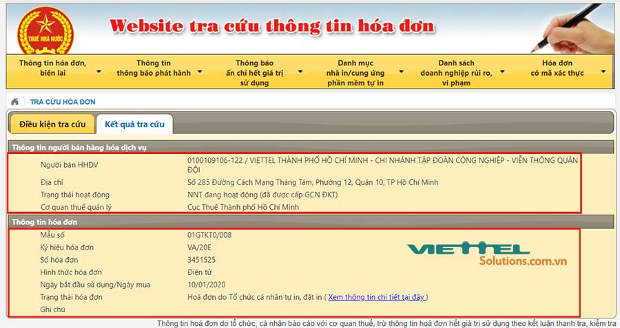 Kết quả tra cứu hóa đơn điện tử trên trang của Tổng cục Thuế