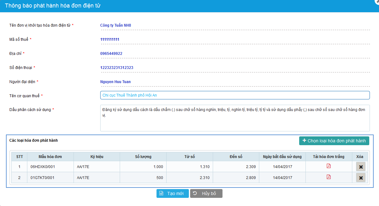 Danh sách các loại hóa đơn được phát hành