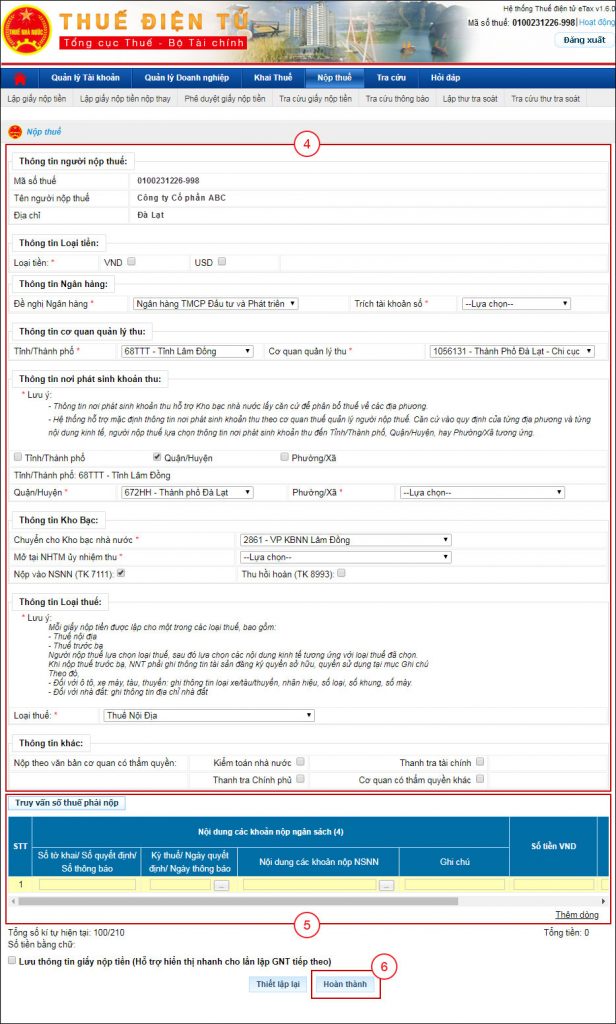 Cách lập giấy nộp tiền tại trang thuế điện tử